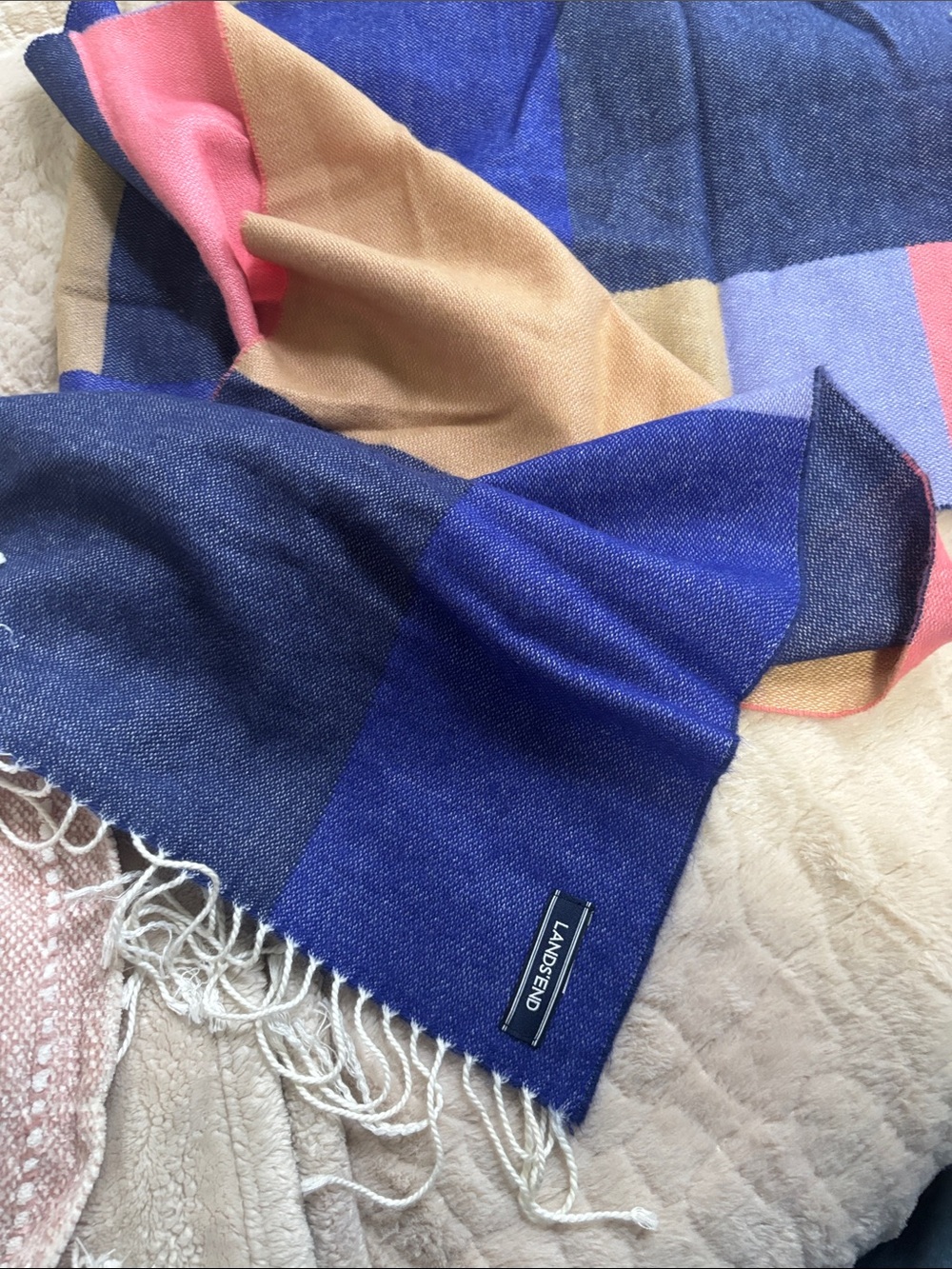 Lands' End Colorblock Fringe Scarf in Blue, Pink, Tan